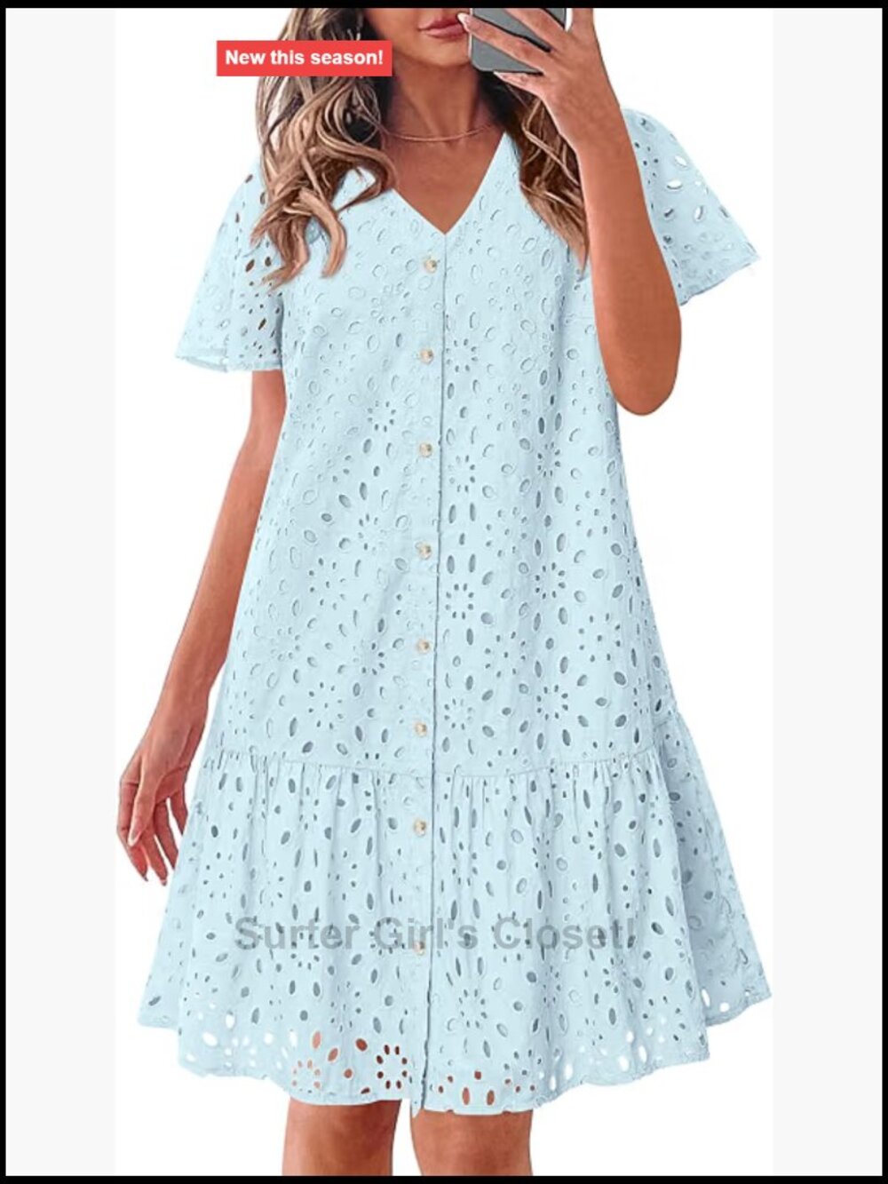 Women Eyelet Cotton Babydoll Mini Dress Button Down Short Sleeve